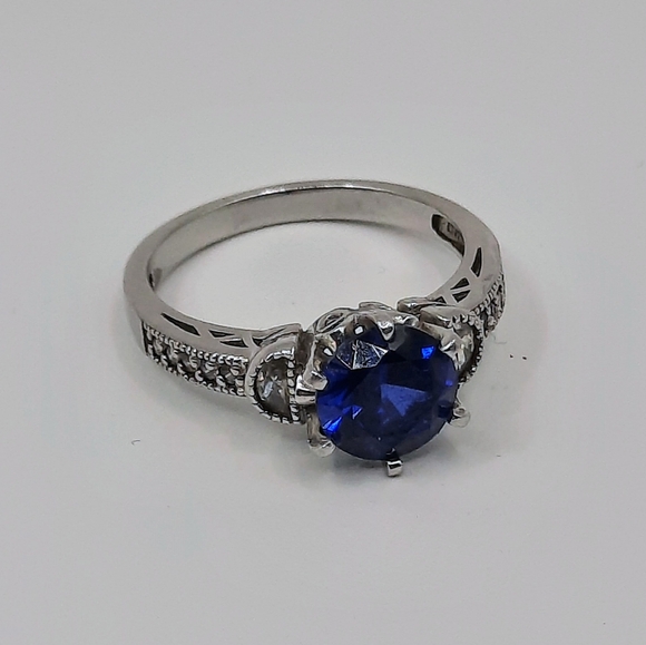 Sterling Silver 925 Ring Lab Created Engagement Sapphire Vintage Sz 8 - Picture 6 of 11